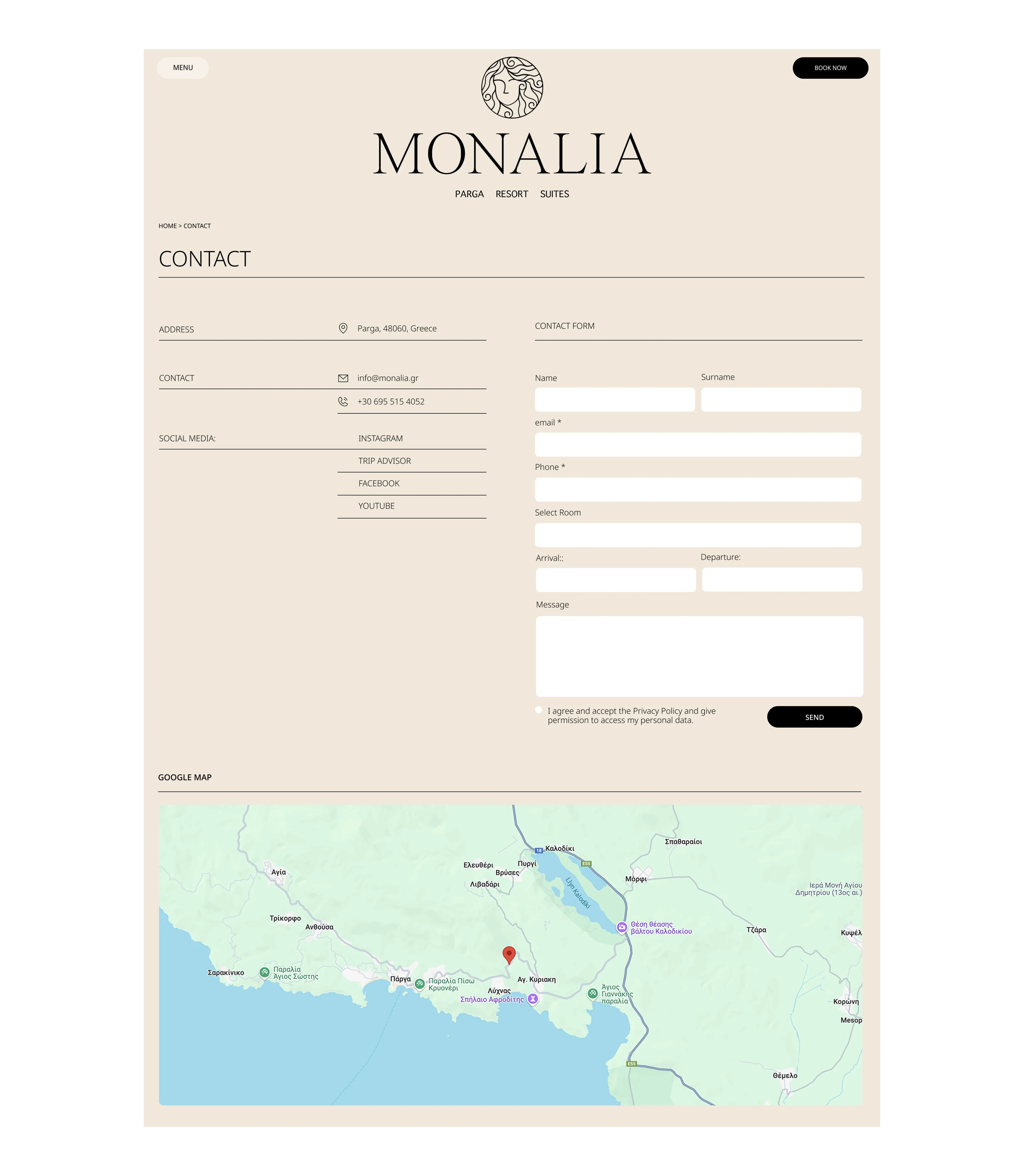 monalia website parga contact page desktop version